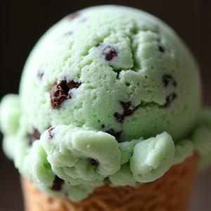 Scoop of fresh mint chip custard ice cream with dark chocolate pieces.