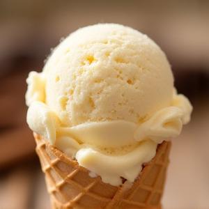 Scoop of Madagascar Vanilla Bean custard ice cream in a cone.