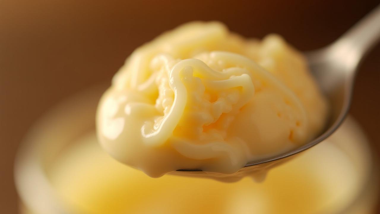 Close-up of a slow-moving spoonful of rich vanilla bean custard ice cream, highlighting its dense, velvety texture.