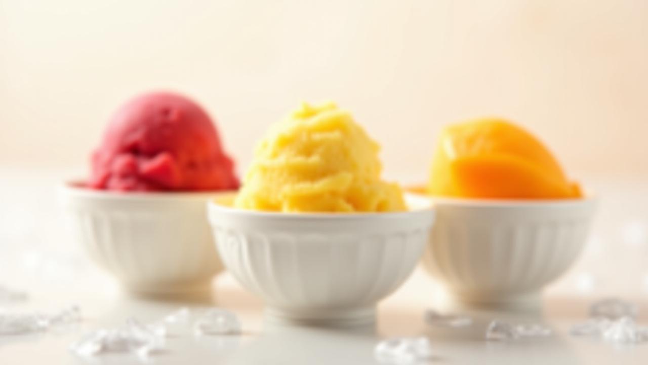 Bright, colorful scoops of dairy-free sorbetto: raspberry, lemon, and mango, served side-by-side in elegant bowls.