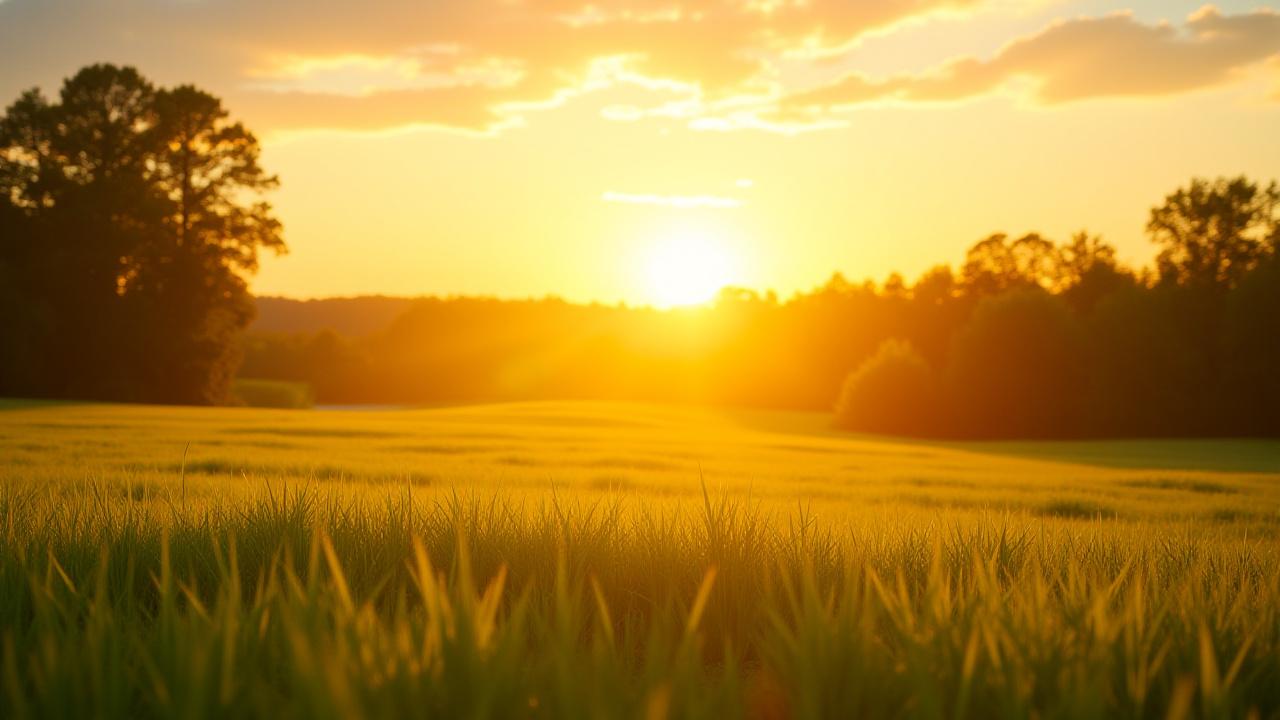 Golden hour sunlight over a vibrant green South Carolina farm field
