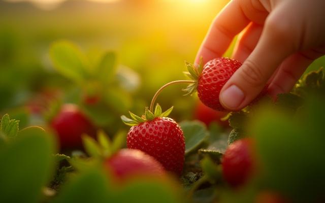 Fresh strawberries being picked in a dewy field at sunrise
