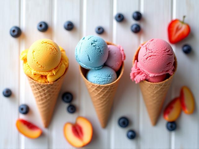 Scoops of vibrant, colorful seasonal fruit ice cream in waffle cones on a rustic wooden table.