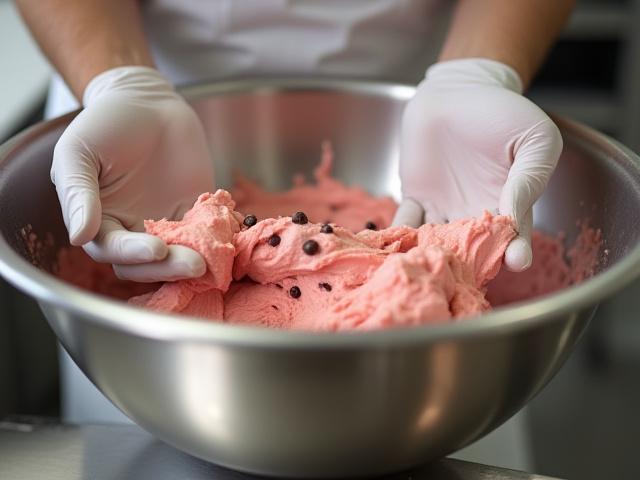 Hands folding ingredients into gelato in a stainless steel bowl