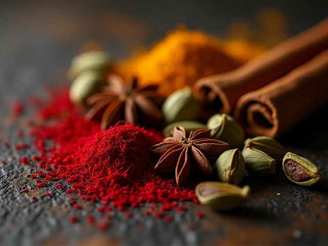 Exotic spices like saffron and cardamom pods