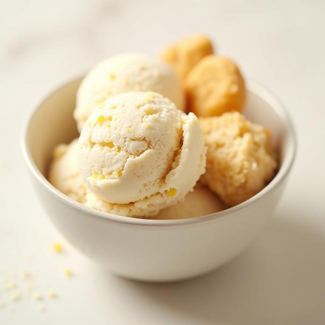 Scoops of light brown Earl Grey & Lemon Shortbread ice cream, adorned with lemon zest and shortbread crumbs.