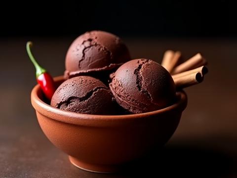 Dark chocolate ice cream with a hint of red, garnished with chili and cinnamon sticks.