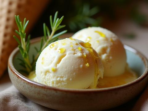 Scoops of creamy Olive Oil & Rosemary ice cream, with a drizzle of olive oil and small rosemary sprigs.