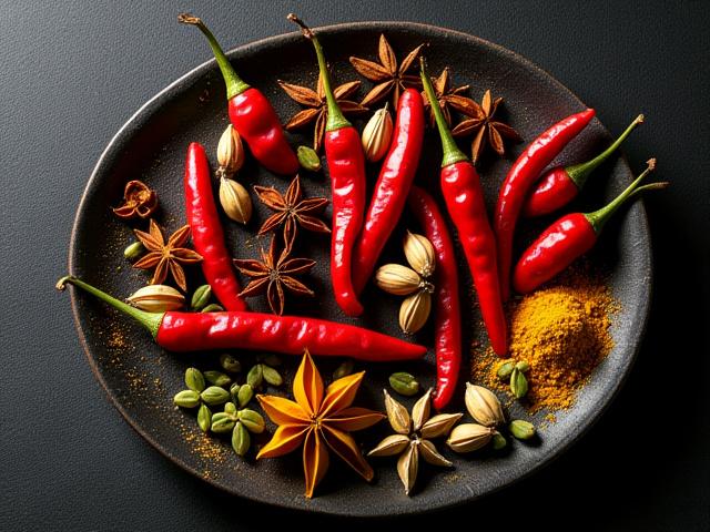 Selection of exotic spices like cardamom pods, star anise, and chili flakes on a rustic wooden board.